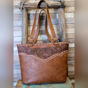 Trinity Ranch Tooled Brown PU Leather Handled Conceal And Carry Handbag